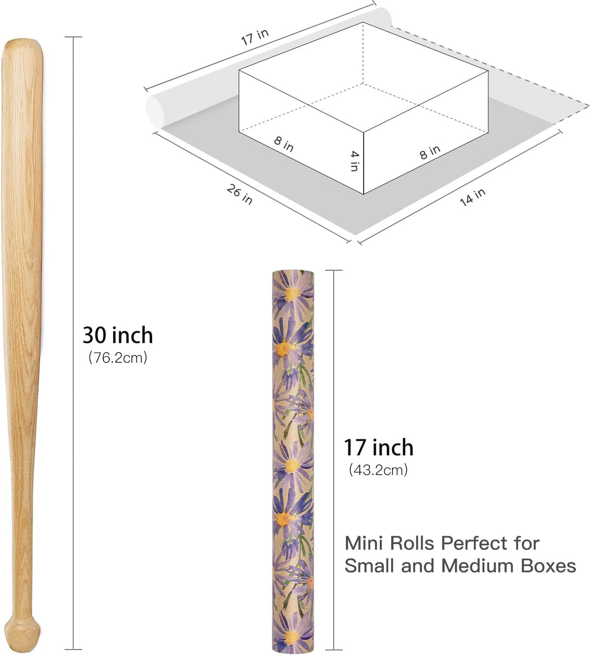 RUSPEPA Purple Daisy Floral Wrapping Paper, Watercolor Flower Kraft Paper - Mini Roll - 17 in x