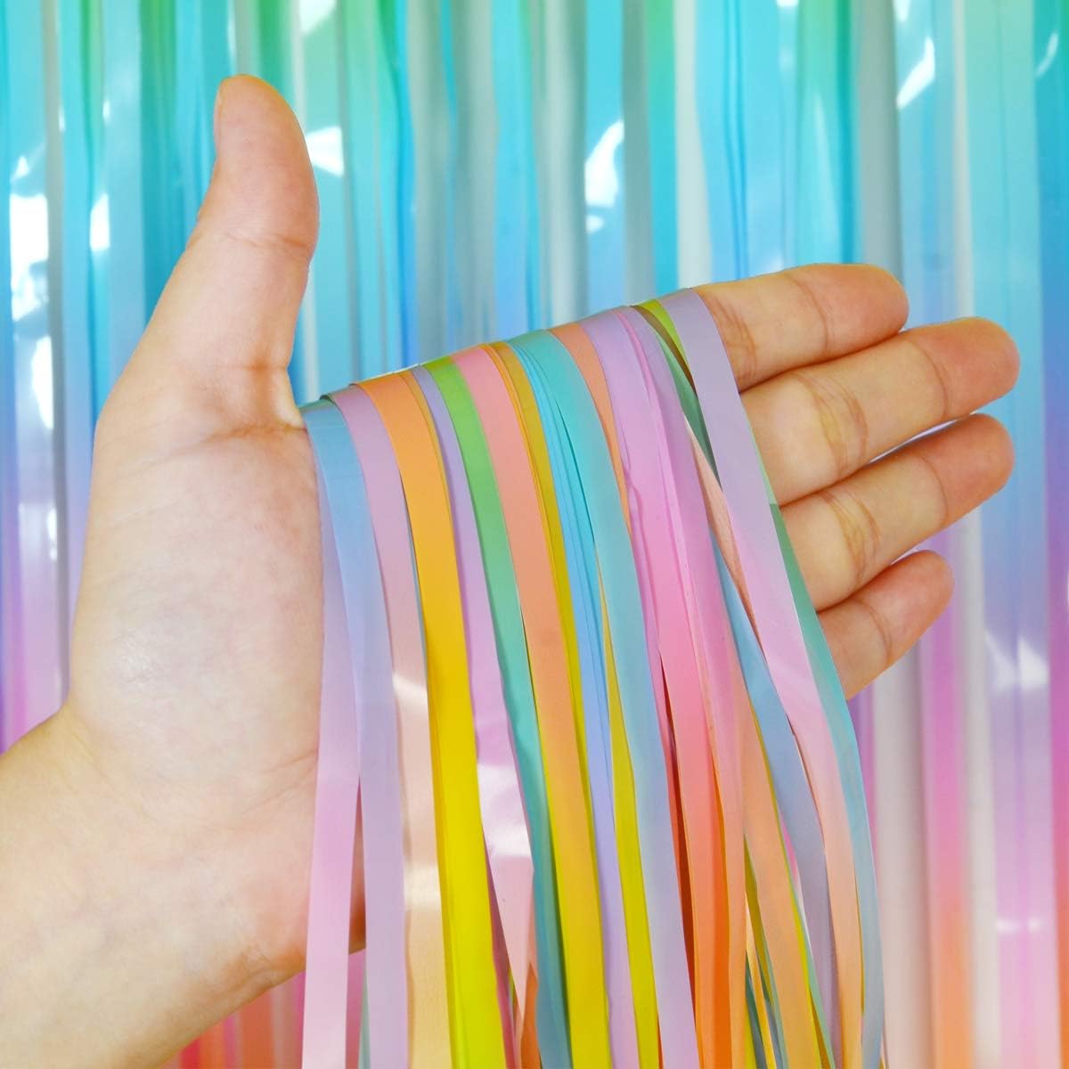 Melsan 2 Pack 3.2 ft x 8.2 ft Pastel Tinsel Foil Fringe Curtains Backdrop, Metallic Rainbow Foil