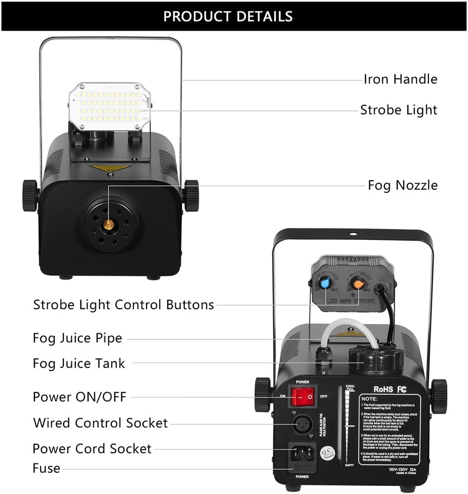 Fog Machine 1000W with Strobe Light, Wireless Remote, Perfect for Halloween, Parties, Concerts, and