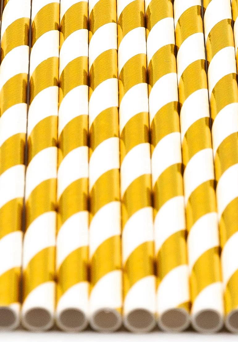 Pack of 150 Gold Foil Swirls Biodegradable 4-Ply Paper Drinking Straws (Compostable, Non-toxic