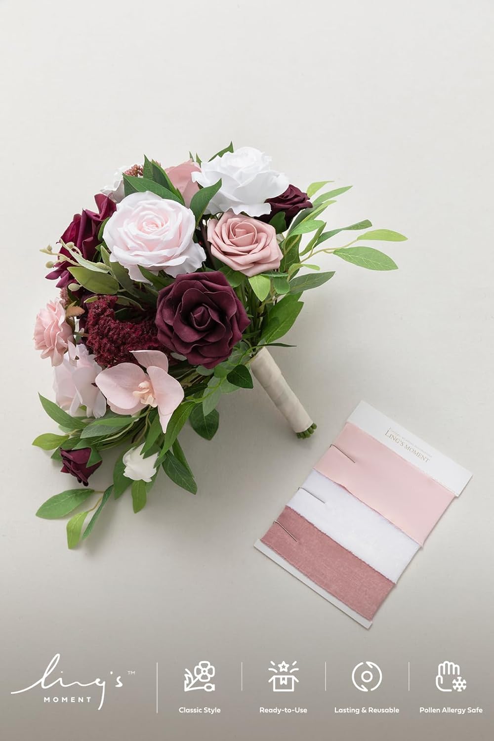 Ling's moment Burgundy Cascading Bridal Bouquet, Marsala Wedding Bouquets for Bride, 13 Inch Birde