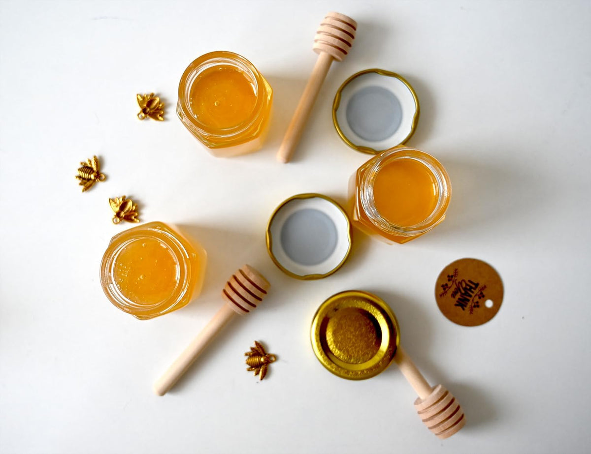 Mini Honey Jars - Hexagon Little Glass Honey Jar with Gold Lids, Wooden Dippers, Bee Charms and
