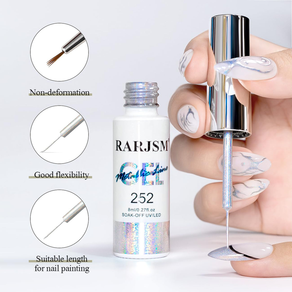 RARJSM Metallic Silver Nail Art Gel Liner Mirror Chrome 3D Holographic Laser Rainbow Effect Gel