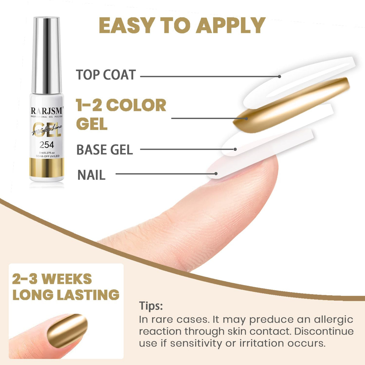 RARJSM Metallic Chrome Gel Liner Nail Art Champagne Gold 3D Mirror Effect Gel Nail Polish 8ml Build