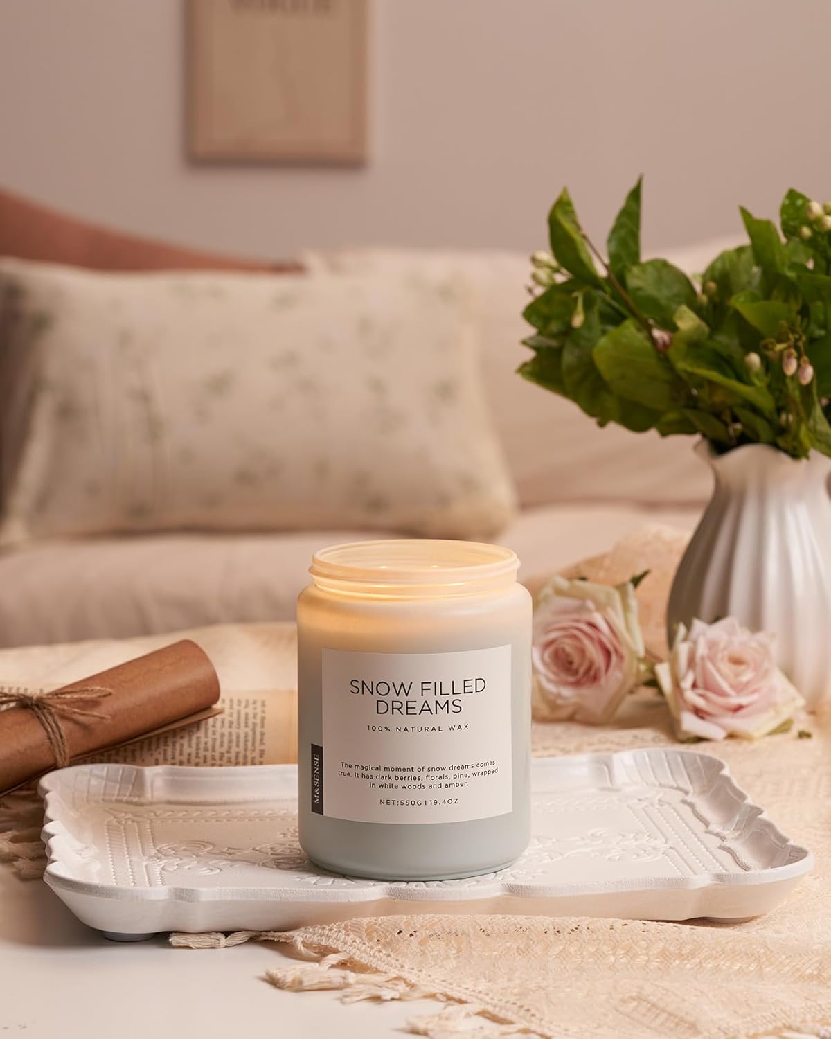 M&SENSE Snow Filled Dreams - Jasmine & Pine Large Scented Candles, 19.4oz 110 Hour Clean Non Toxic
