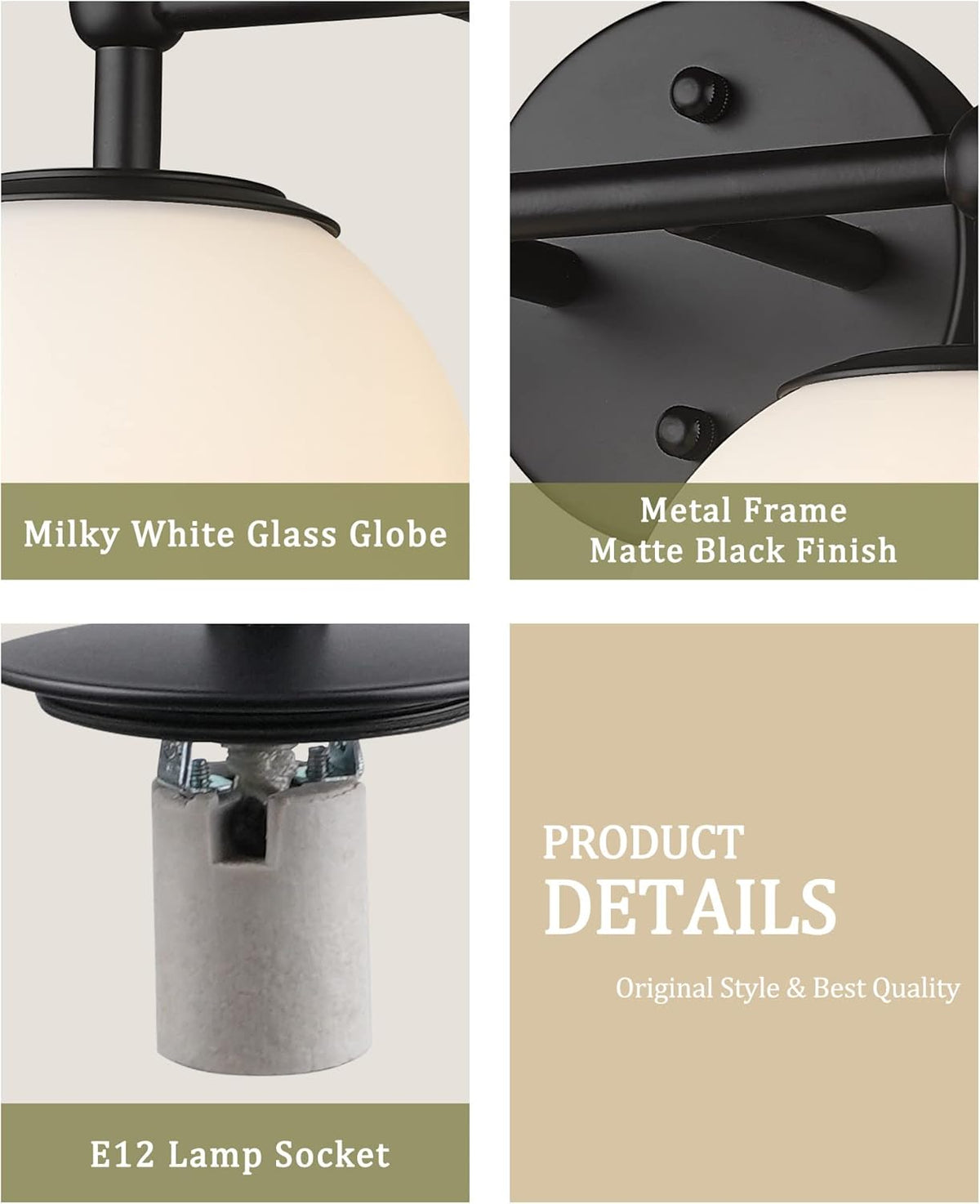 Black Vanity Light, 2 Light Black Modern Bathroom Light Fixtures Over Mirror with White Milk White