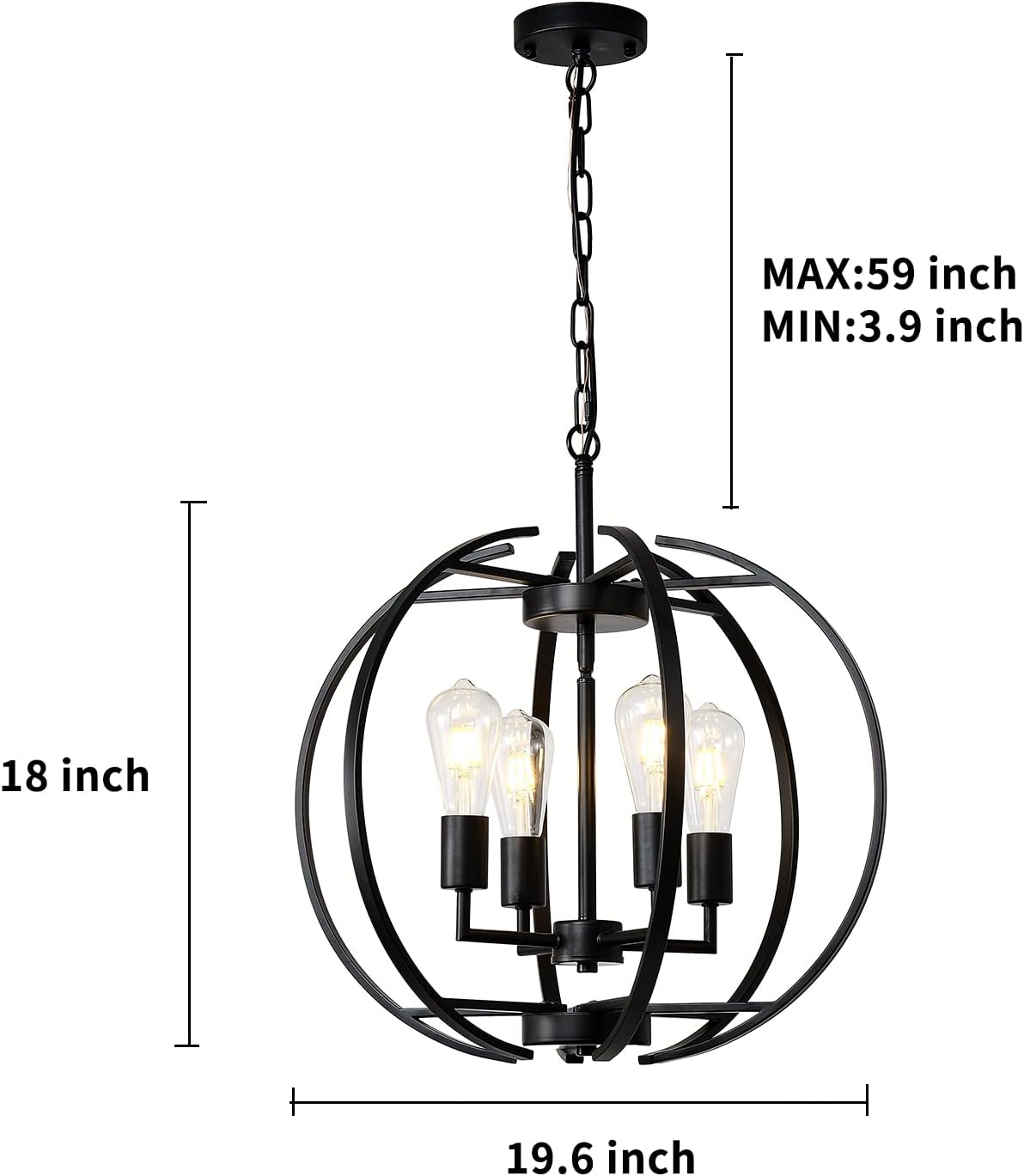 Large Lantern Globe Black Chandelier Lighting, Farmhouse Chandelier Adjustable Pendant Lighting