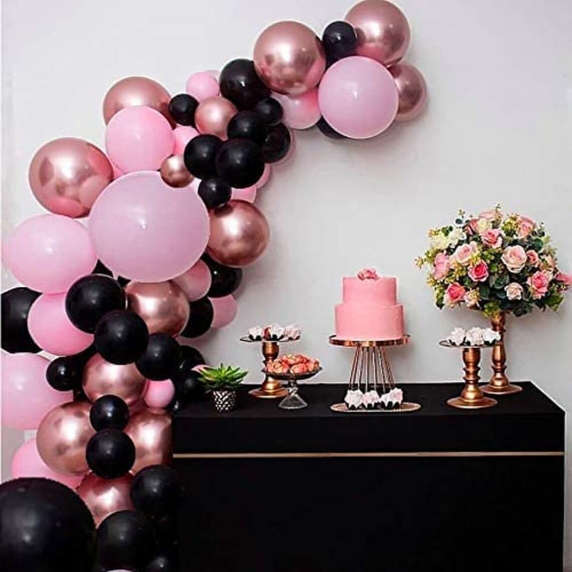 Pink and Black Balloons, 12 Inch Hot Pink Black Balloons Set with Black Pink Confetti Balloons