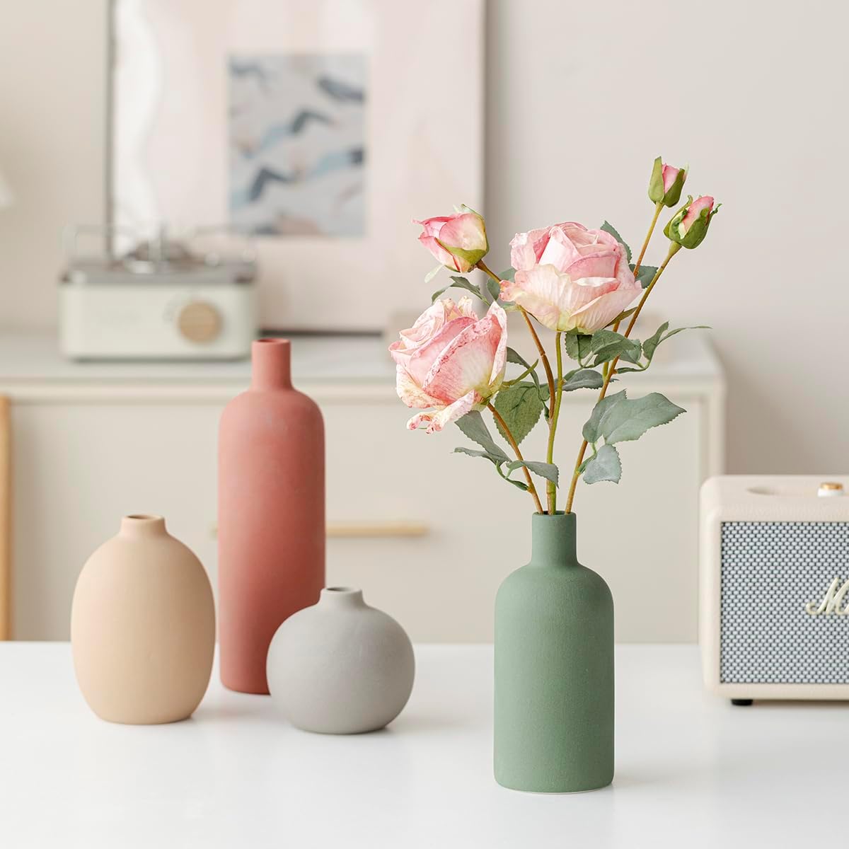 Modern Ceramic Vase Set, Neutral Colors, Decorative Vases for Home Decor, 4 Piece Collection (Green