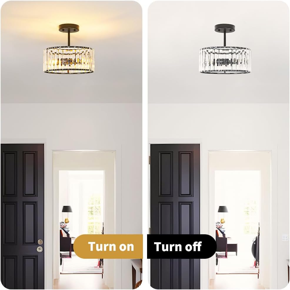 Modern Crystal Ceiling Light, Matte Black Semi Flush Mount Ceiling Lighting Fixture, Hallway Light