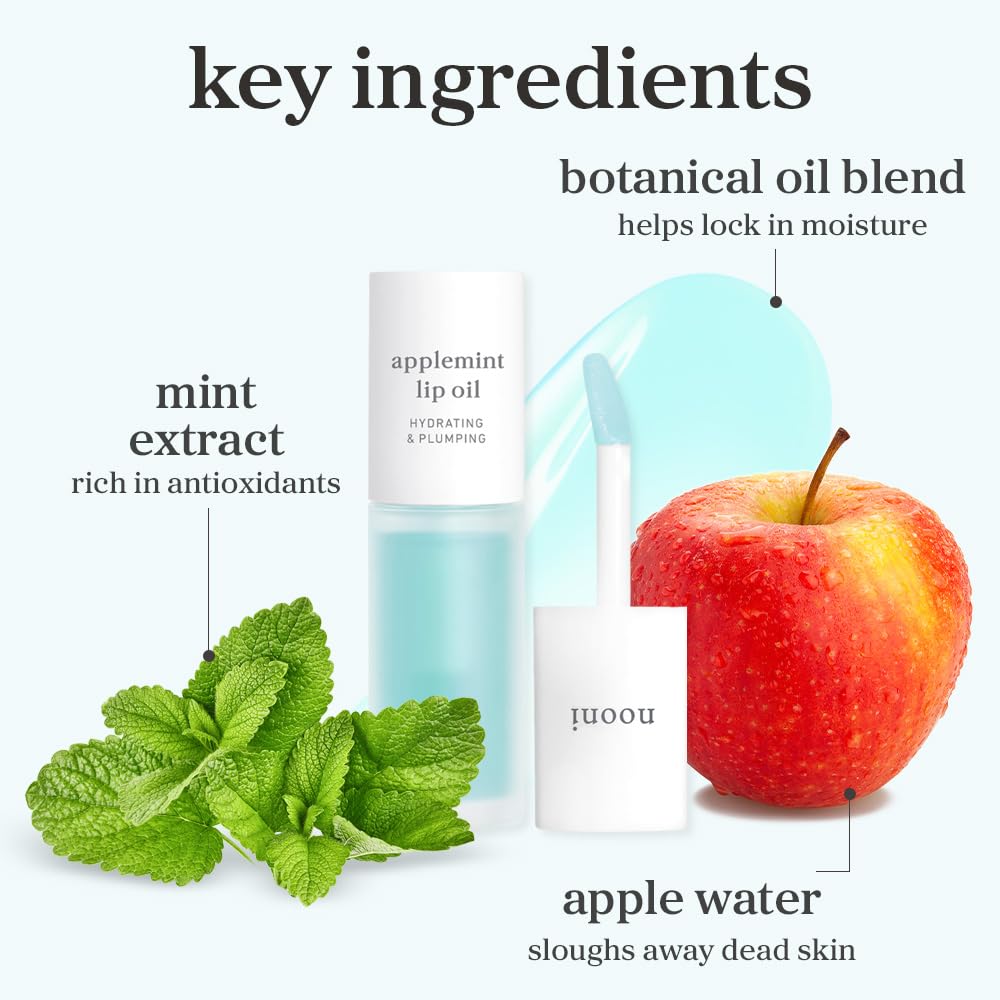 NOONI Korean Lip Oil - Applemint | Long-Lasting, Moisturizing, Plumping, Revitalizing for Dry Lips