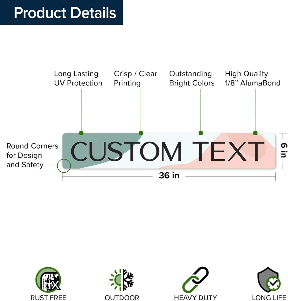 Custom Sign, Custom Street Sign, 11 Font Colors, 13 Font Styles, 4 Hole Options, 22 Sizes, 6x36