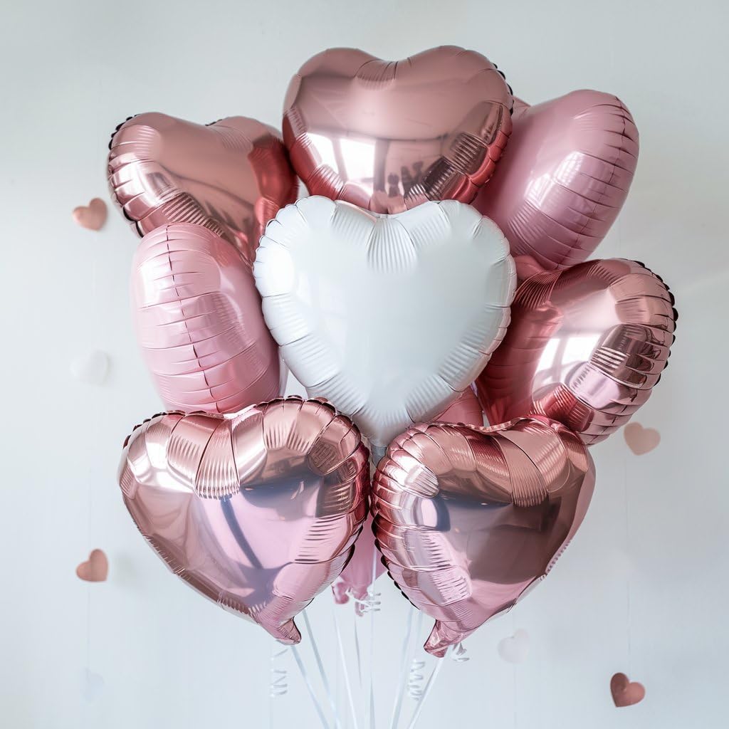 Pink White Heart Balloons, 18 Inch Baby Pink and White Heart Shape Balloon, 12PCS Helium Love Foil