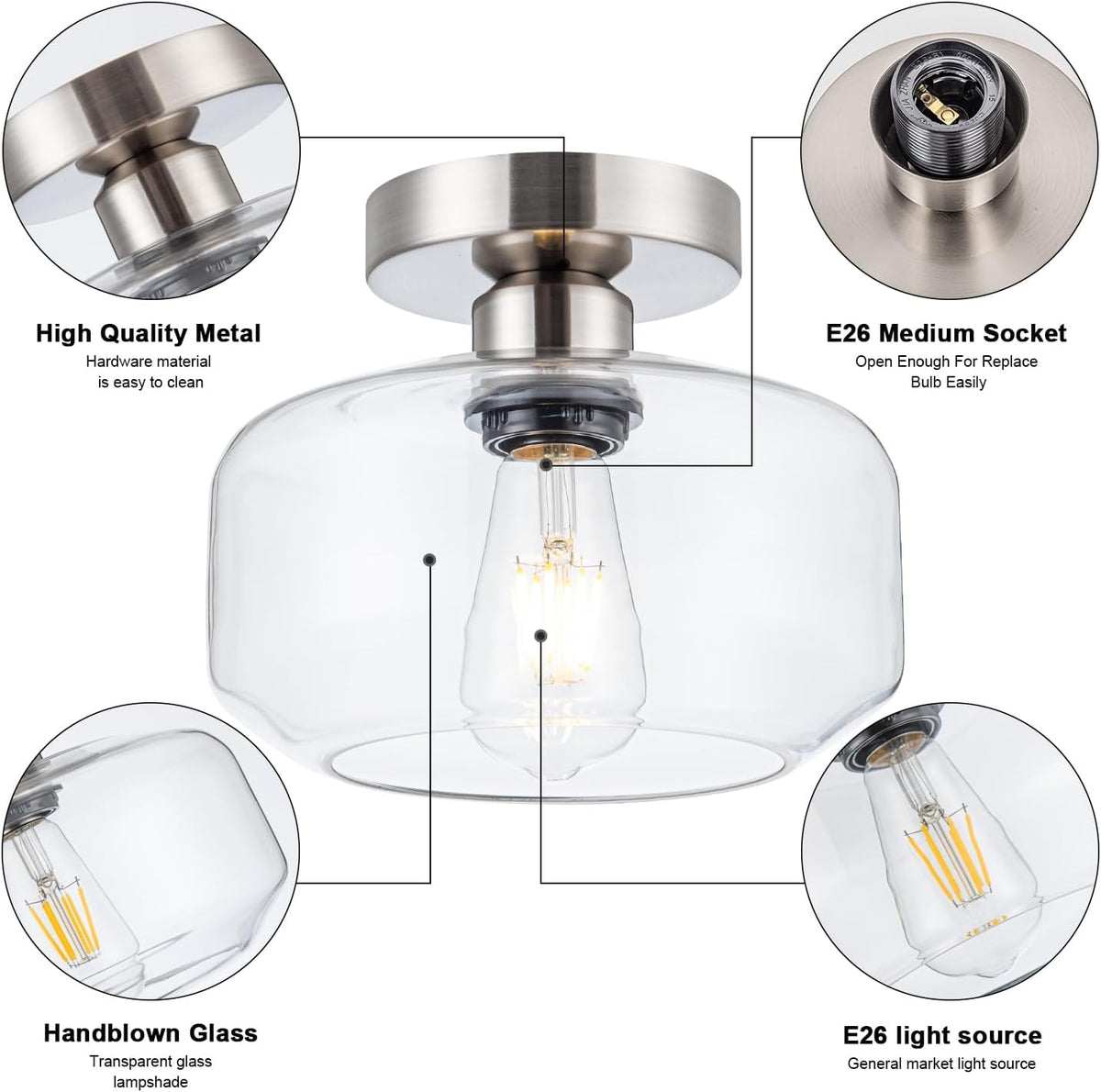 Semi Flush Mount Ceiling Light Fixture - Clear Glass & Brushed Nickel Base with 900 Lumen LED