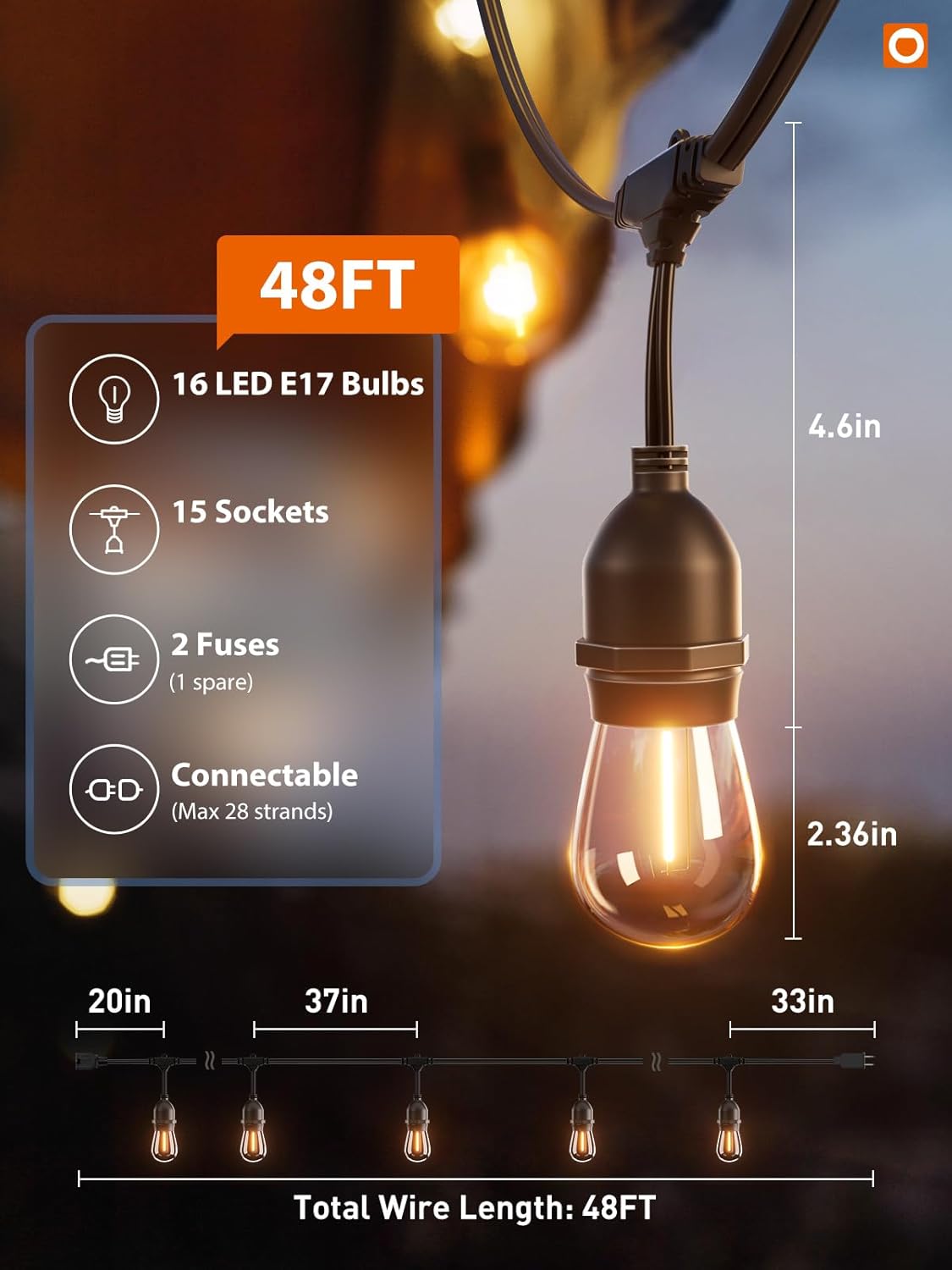 addlon LED Outdoor String Lights 48FT with Edison Vintage Shatterproof Bulbs and Commercial Grade