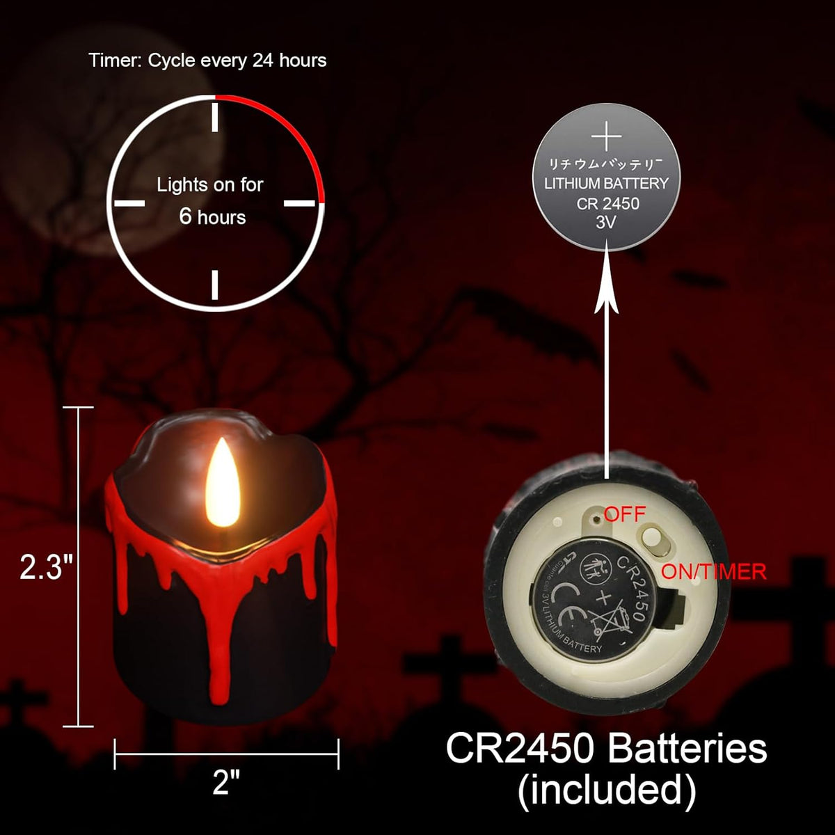 Halloween Black Votive Candles Battery Operated with Long Lasting CR2450 Batteries, LED Flameless