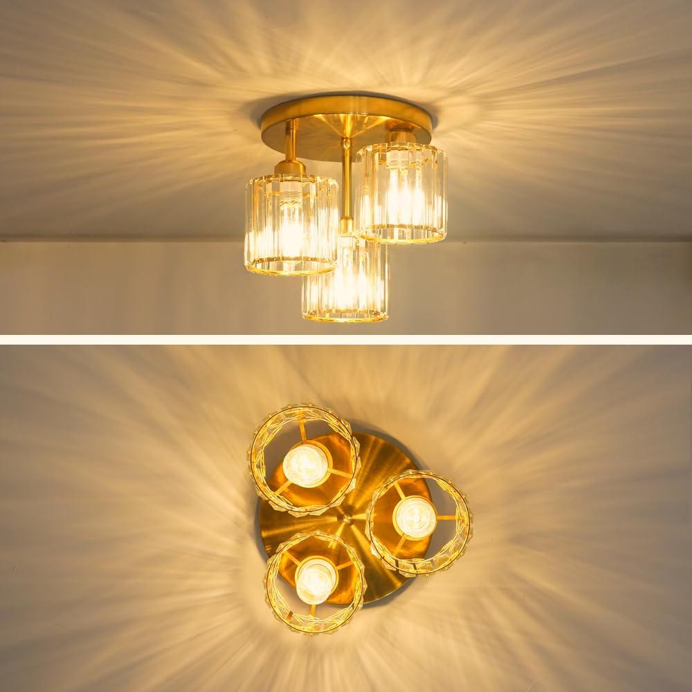 Modern Semi Flush Mount Ceiling Light, 3-Light Crystal Close to Ceiling Light Fixtures, Gold