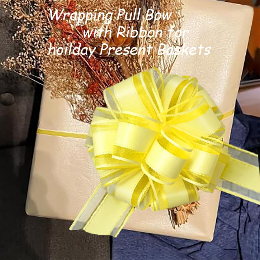 6 Pieces Large Pull Bows, 6 inches, Floral, Yellow, Organza, Wedding, Baby Shower, Bridal Shower