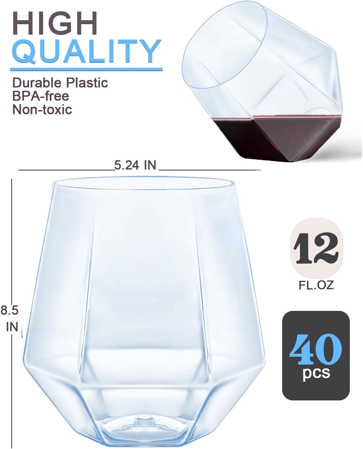 40 Pcak Plastic Stemless Wine cocktail Whiskey Champagne Glasses, 12 Oz Disposable Unbreakable Cups