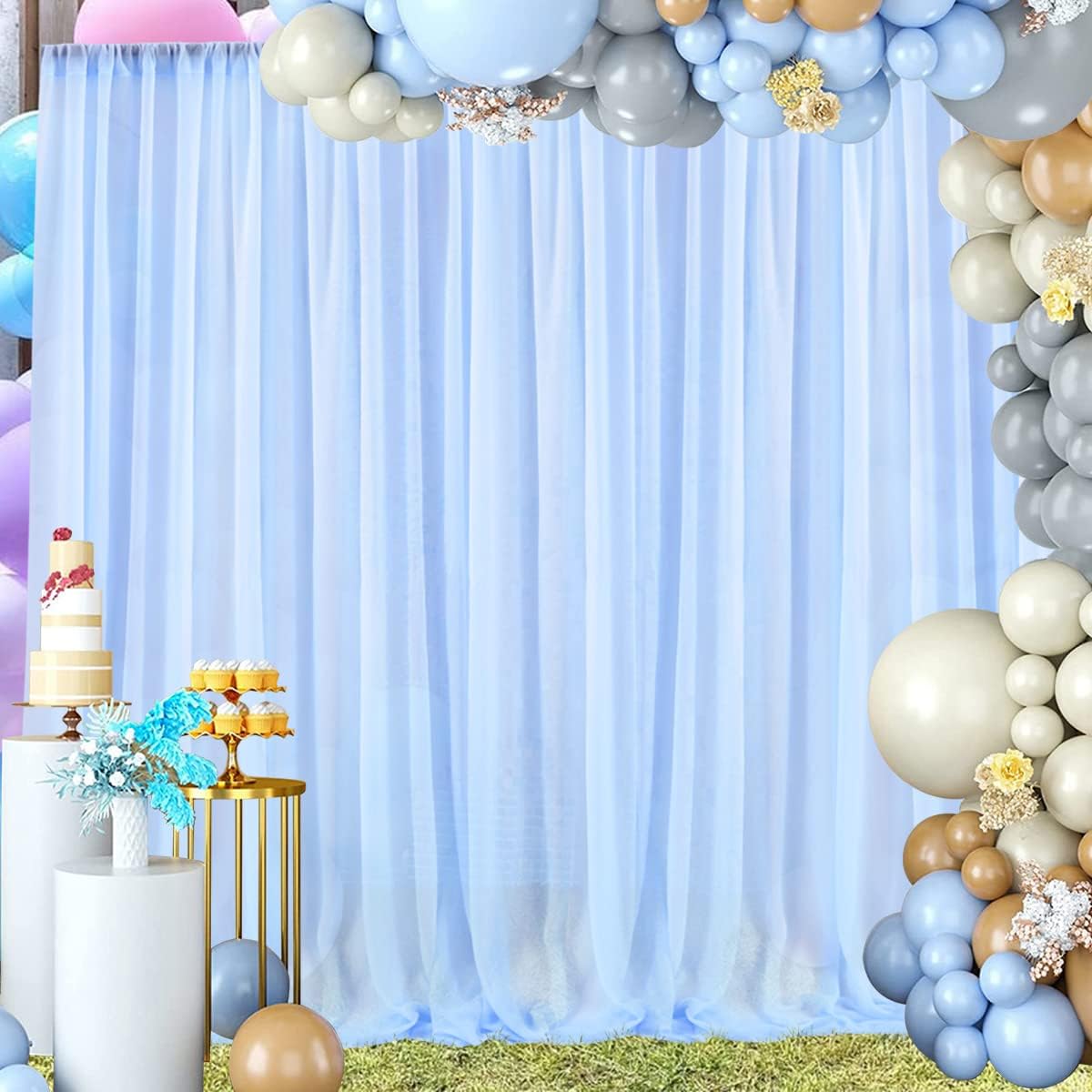 PARTISKY 10ftx10ft Blue Chiffon Sheer Backdrop Curtains, Wrinkle-Free Wedding Backdrop Drapes for