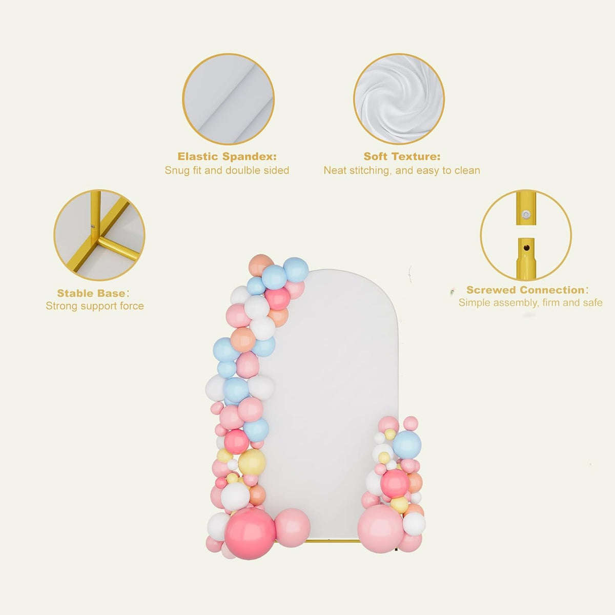 UDEAR 7.2FT Metal Arch Stand with White Cover, Arc Design with Fitted Cover, for Weddings, Parties