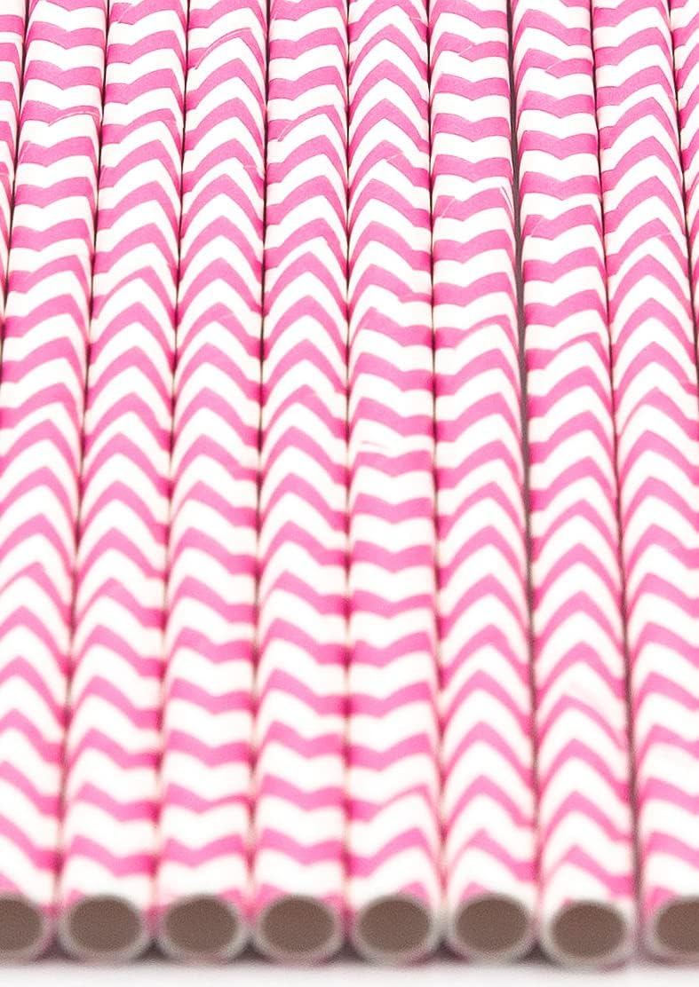 Pack of 900 Baby Pink Chevron Biodegradable 4-Ply Paper Drinking Straws (Compostable, Non-toxic