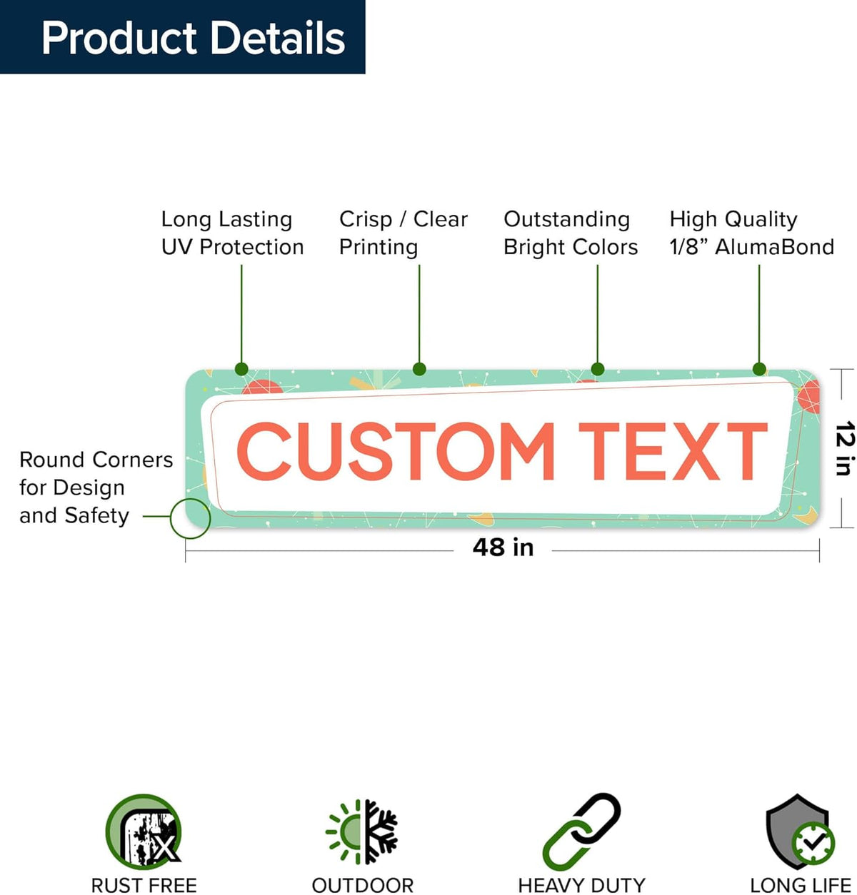 Custom Sign, Custom Street Sign, 11 Font Colors, 13 Font Styles, 4 Hole Options, 22 Sizes, 12x48