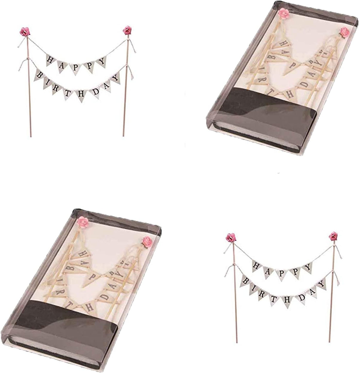 Happy Birthday Cake Bunting Topper Cake Topper Garland, Handmade Pennant Flags with Wood Pole Ivory