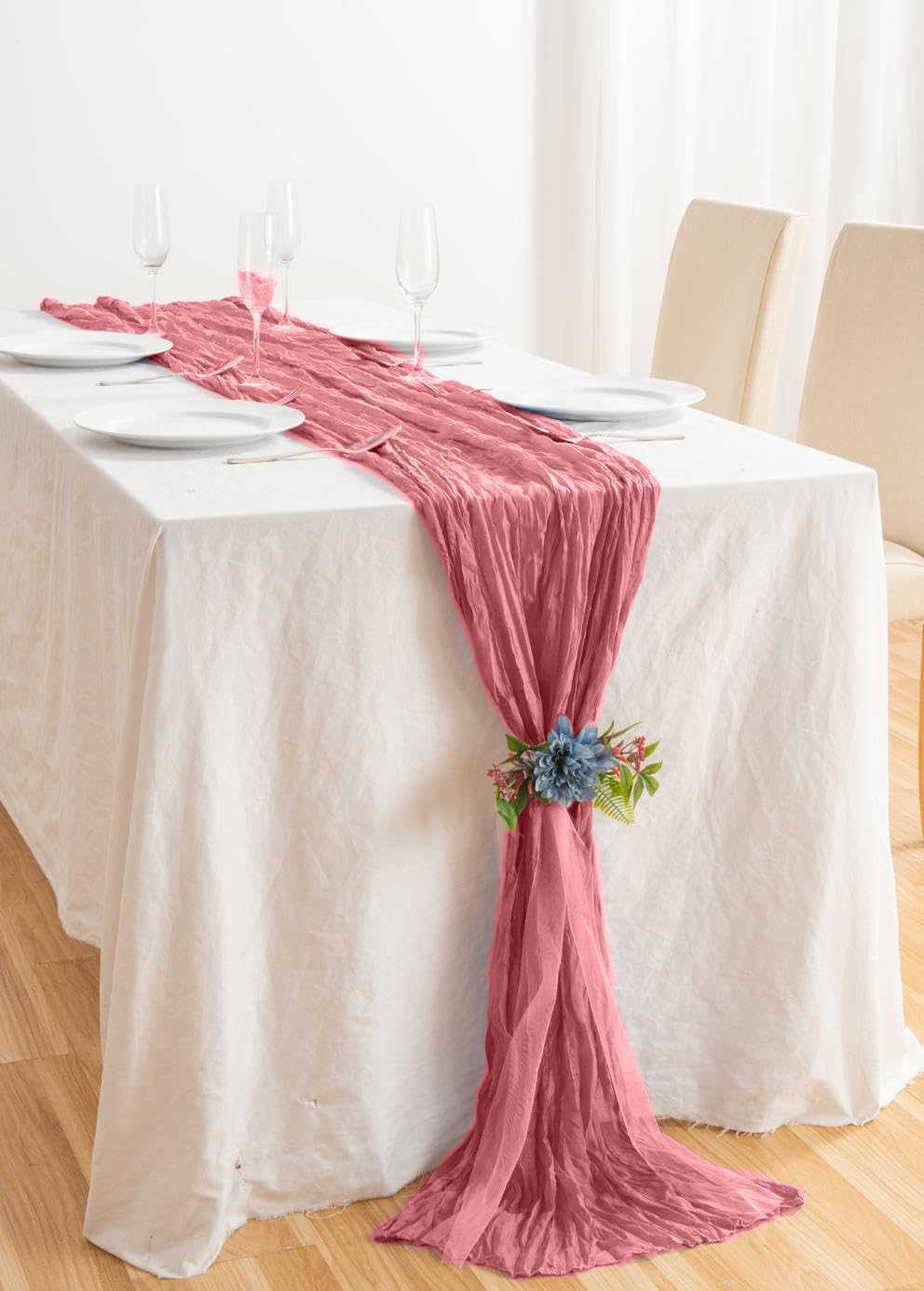 8 Pack 10Ft Table Runner 35x120 inch Dusty Rose Boho Gauze Table Cheese Cloth Long Wrinkled Sheer