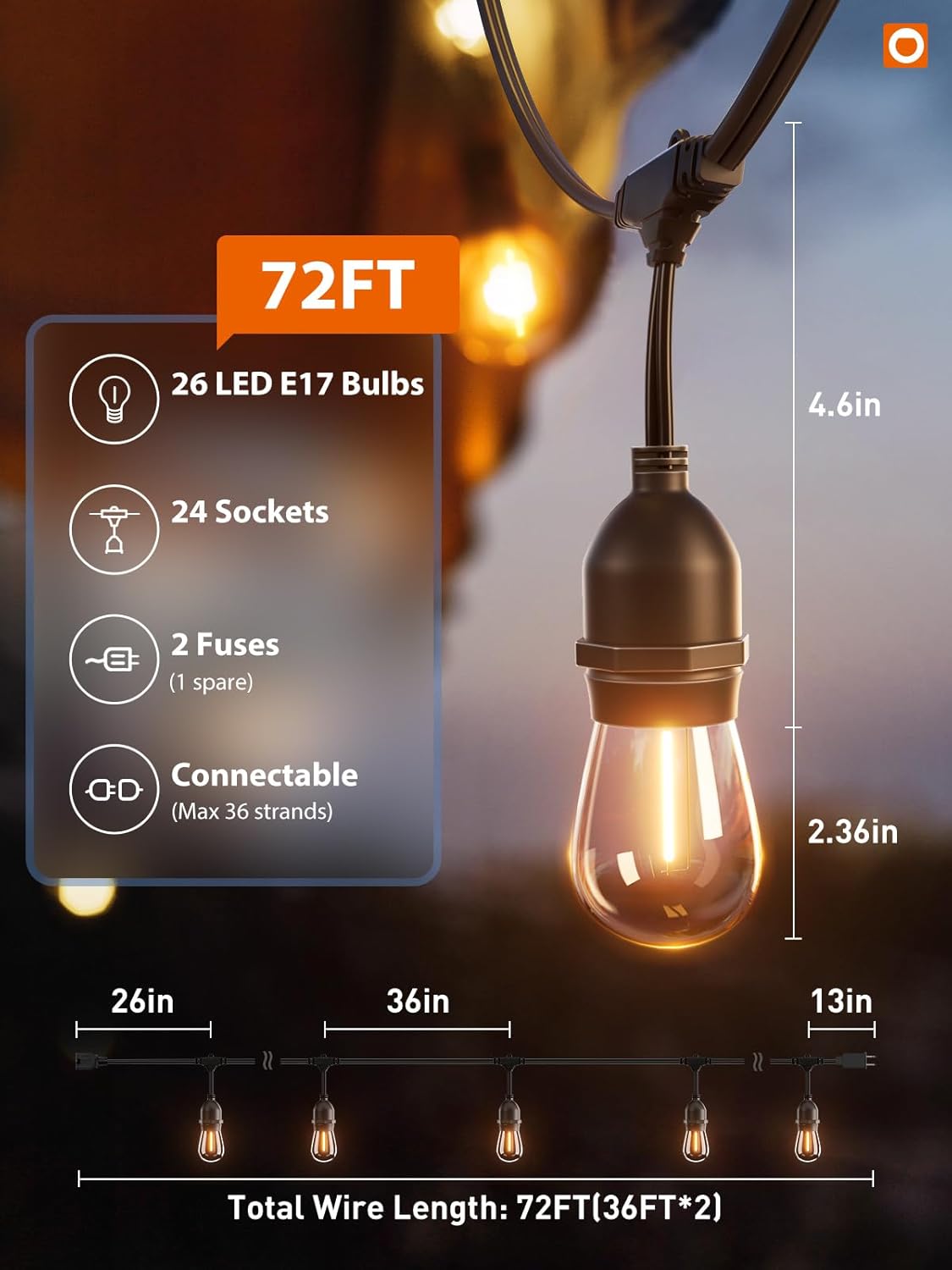addlon 72FT(36FT*2) LED Outdoor String Lights with Edison Shatterproof Bulbs Commercial Grade Patio