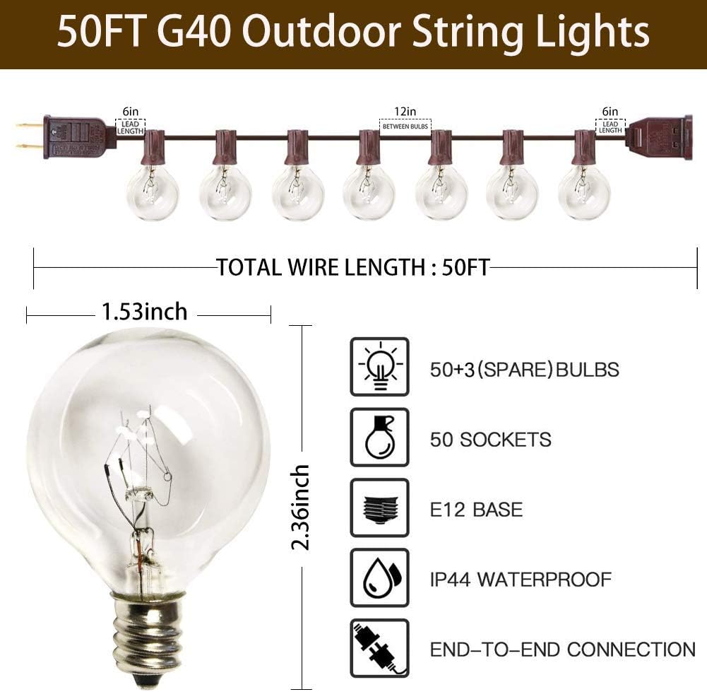 50Ft Outdoor Patio String Lights, G40 Clear String Lights with 53 Globe Bulbs, Waterproof
