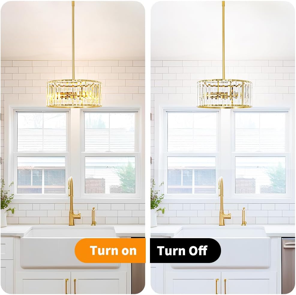 Gold Crystal Chandelier for Dining Room, 3-Light Modern Semi Flush Mount Ceiling Pendant Light