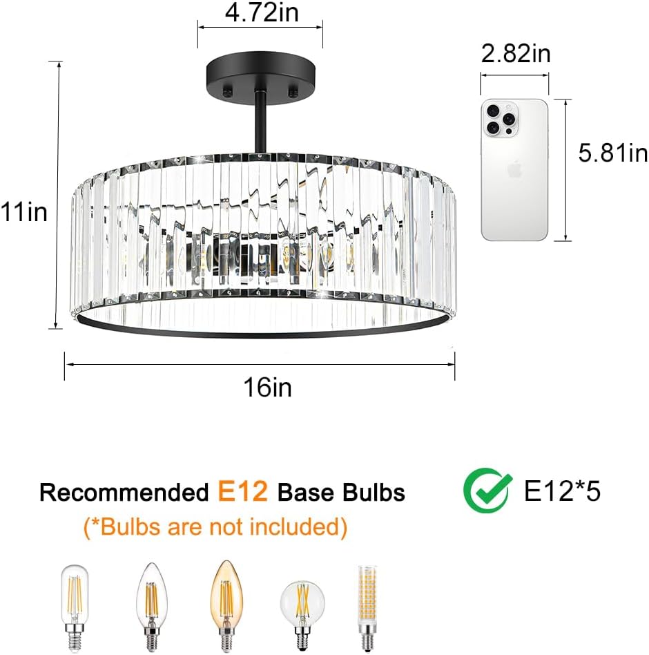 Modern Crystal Ceiling Light Fixture, Semi Flush Mount Ceiling Light, Matte Black Hallway Lighting