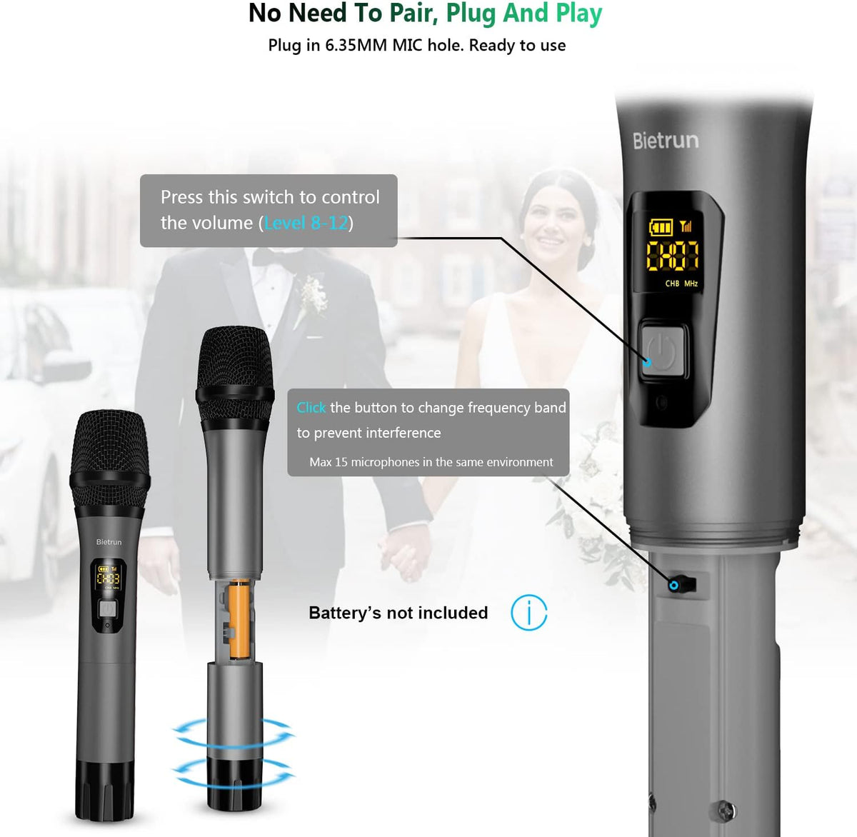 Wireless Microphone, Bietrun UHF Metal Dual Handheld Cordless Dynamic Mic System with Rechargeable