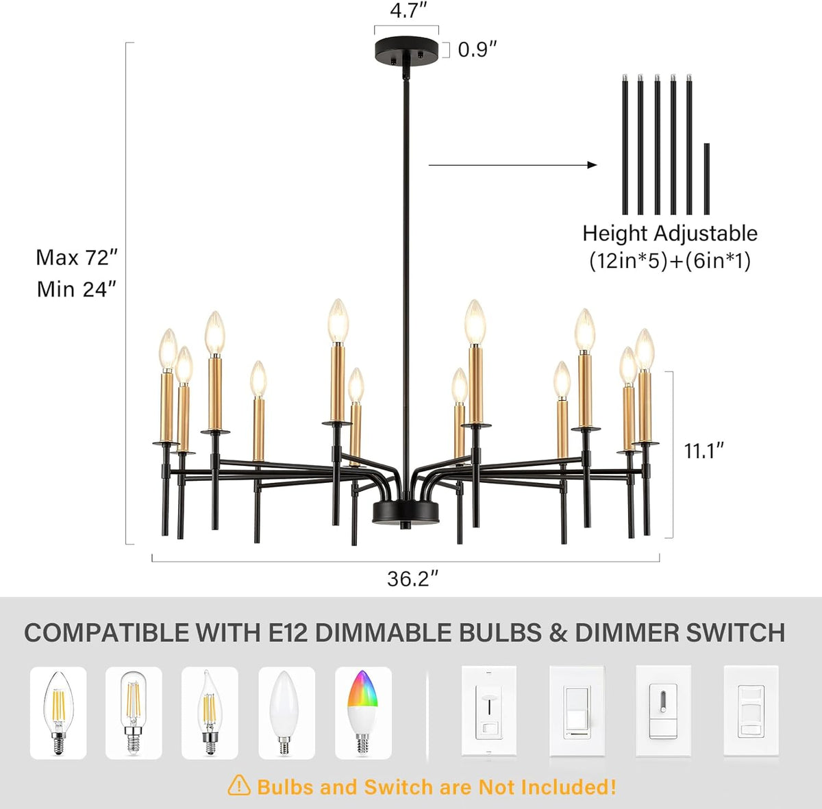 12 Light Modern Farmhouse Black and Gold Chandeliers for Dining Room Light Fixture, Metal Candle