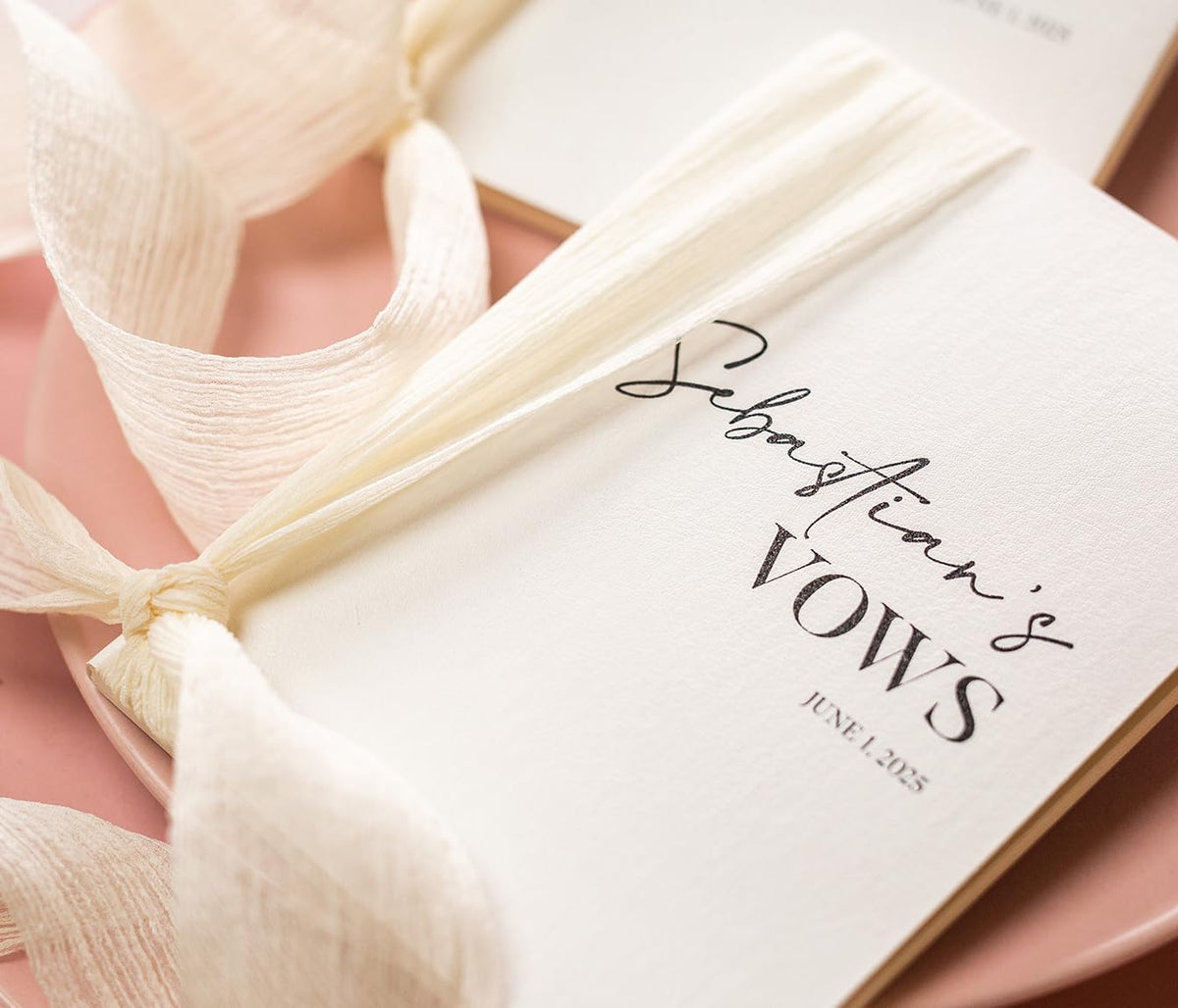 Modern Album Designs Set of Custom Slim White Vow Books w/Ribbon (Set of 2) - 5.625 x 4 Minimalist
