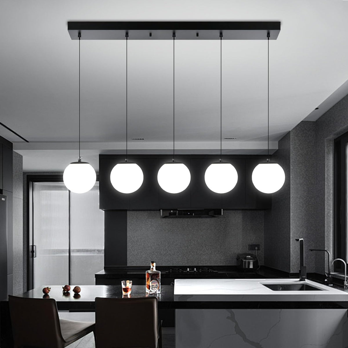 5-Lights Globe Pendant Light for Kitchen Island H 98" Black Rectangle Chandelier Milk White Glass