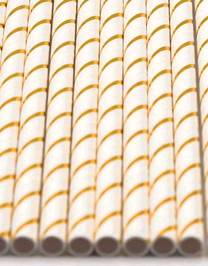 Pack of 300 Gold Foil Stripes Biodegradable 4-Ply Paper Drinking Straws (Compostable, Non-toxic