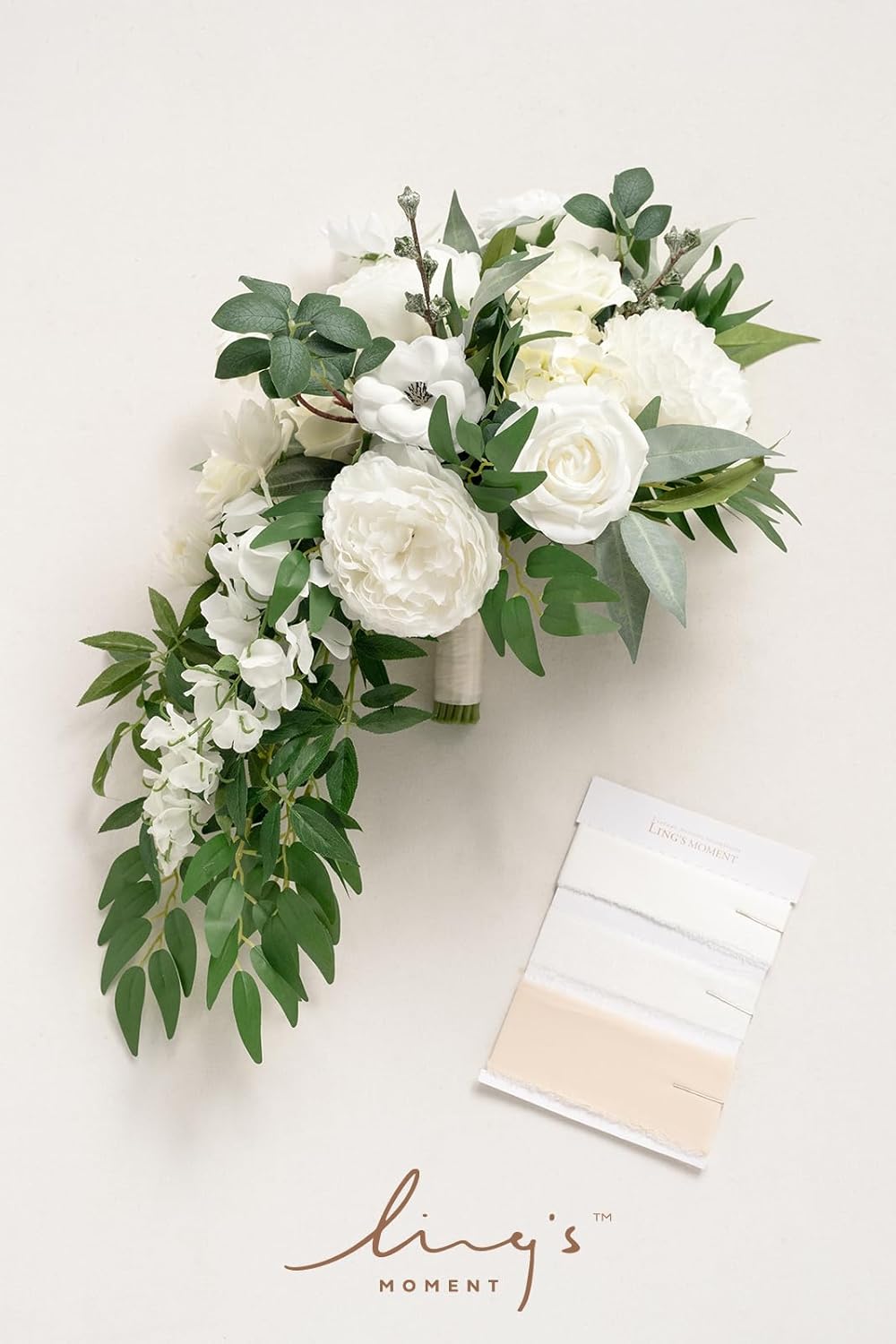 Ling's Moment White Bridal Bouquet Cascading, Ivory Wedding Bouquets for Bride, 15 Inch Bride