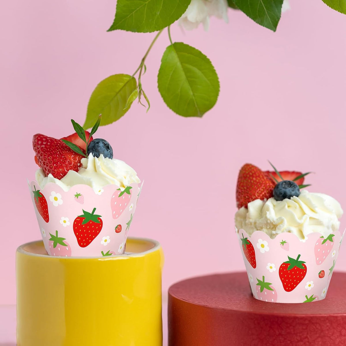 Whaline 36Pcs Strawberry Cupcake Wrappers Red Pink Strawberry Flower Cupcake Liners Decorative