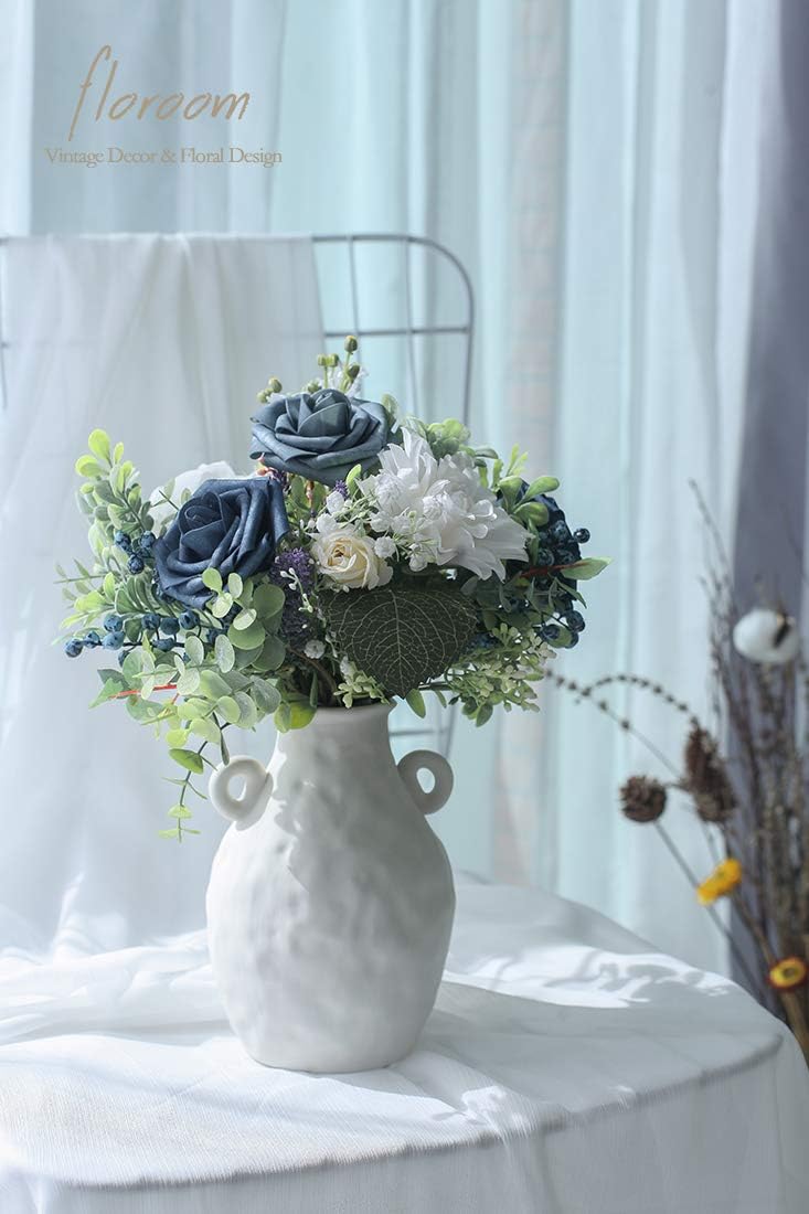 Floroom Artificial Flowers 25pcs Real Looking Dusty Blue Foam Fake Roses with Stems for DIY Wedding