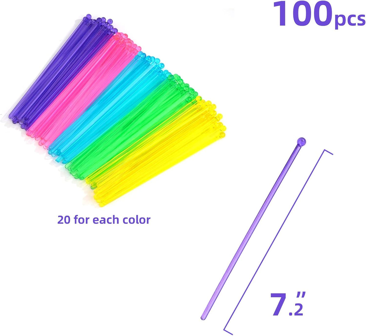 100-PCS 5 Colol Plastic Swizzle Sticks, Crystal Cake Pops, Cocktail Coffee Drink Stirrers, Stir