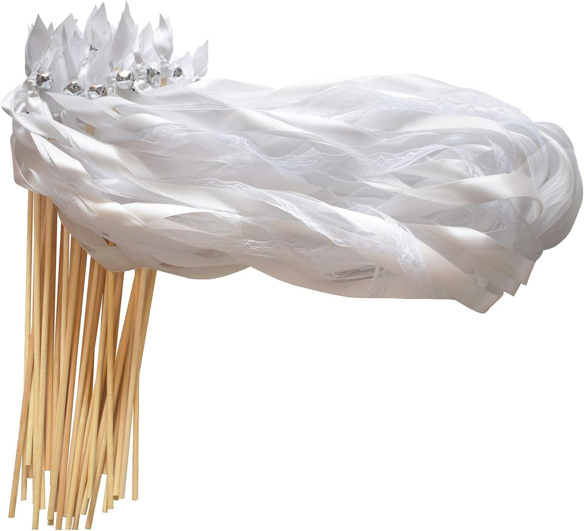 Kingsnow 50 Pack White Lace Ribbon Wands Wedding Streamers with Silver Bells, Silk Fairy Stick Wish