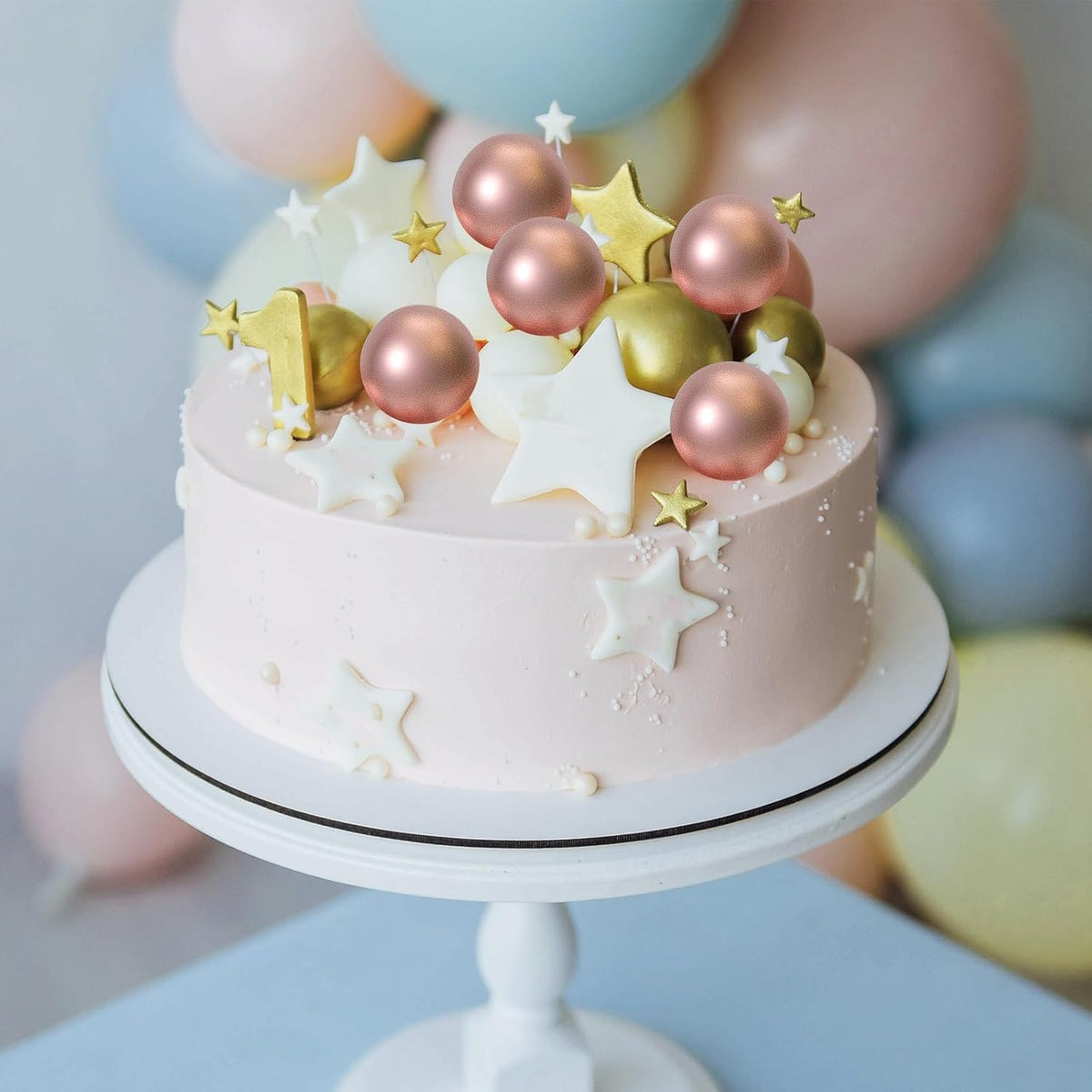 ASTARON 20 Pcs Ball Cake Topper Decorations Mini Balloons Cake Topper Sticks Rose Gold Balls Cake
