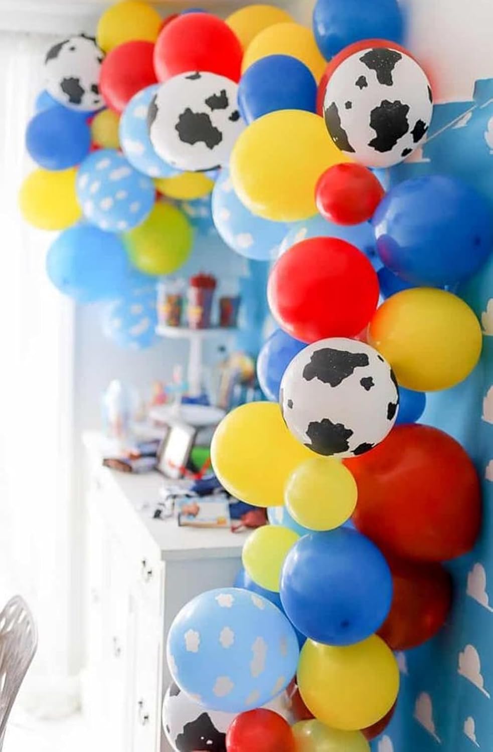 Color Balloons - 12 Inch Red, Blue, Yellow Cow Print Sky Blue Cloud Story Balloons for Party Themed