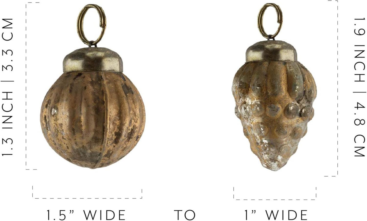 AuldHome Mercury Glass Finial Ornaments (Set of 12, Gold, Small); Distressed Metal Antique Style