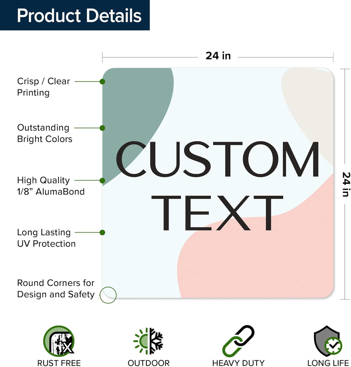 Custom Sign, Custom Street Sign, 11 Font Colors, 13 Font Styles, 4 Hole Options, 22 Sizes, 24x24