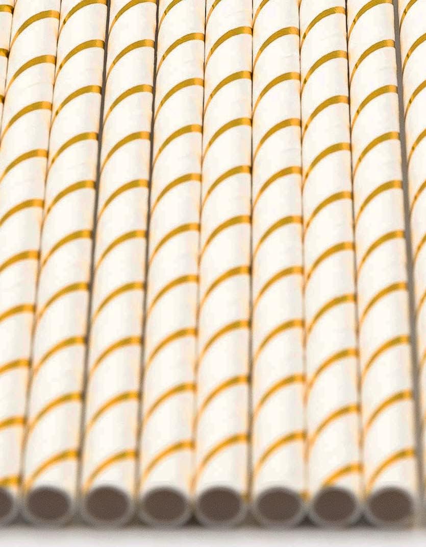 Pack of 900 Gold Foil Stripes Biodegradable 4-Ply Paper Drinking Straws (Compostable, Non-toxic