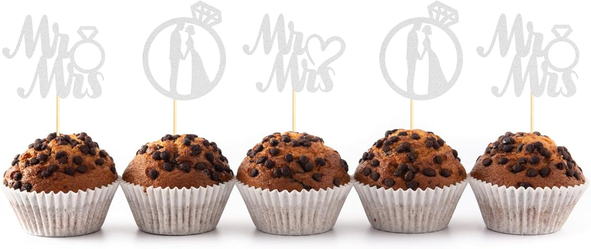 Sotpot 24PCS Miss to Mrs Cupcake Toppers with Ring Silver Glitter for Wedding Bridal Shower Wedding