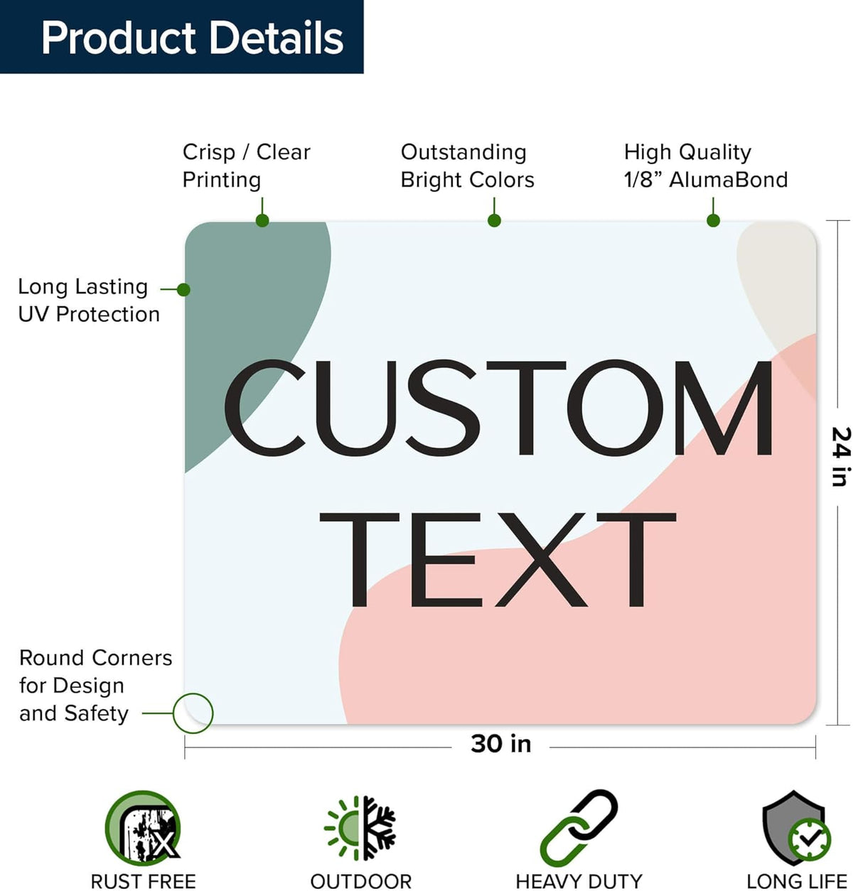 Custom Sign, Custom Street Sign, 11 Font Colors, 13 Font Styles, 4 Hole Options, 22 Sizes, 24x30